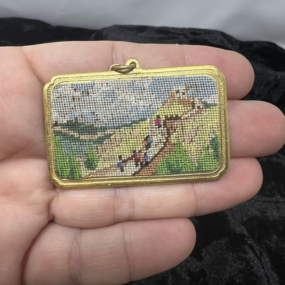 Rare Vintage Chinese Petit-Point Pendant Handmade Great Wall Of China Gold Tone